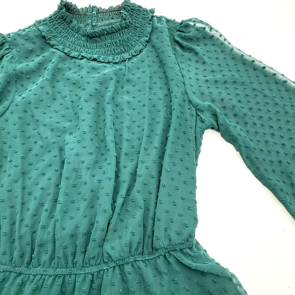 MIDNIGHT DOLL Medium Emerald Green Tiered Swiss Dot‎ Bishop Sleeve Vintage Dress - Picture 1 of 12